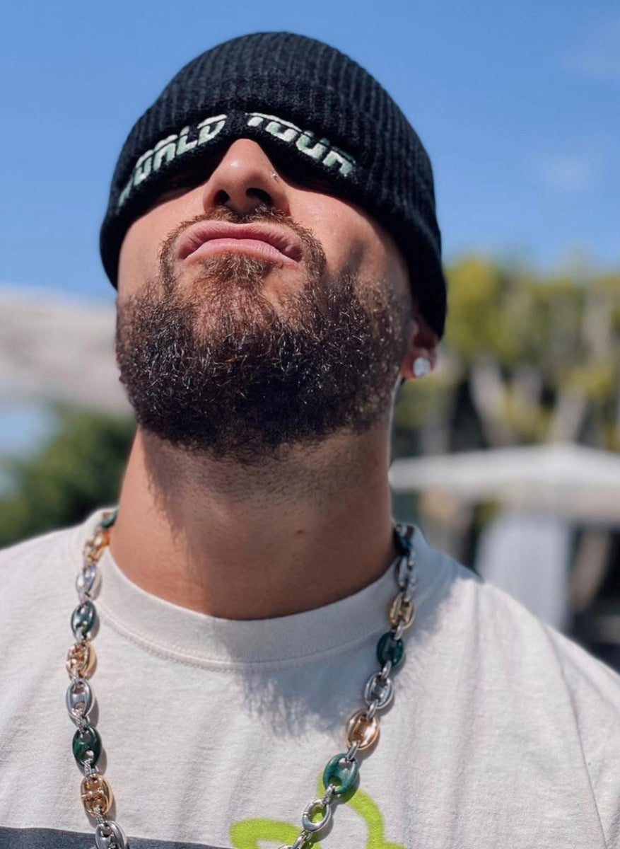 Maluma World Tour Fishermen Black Beanie - Green Embroidery